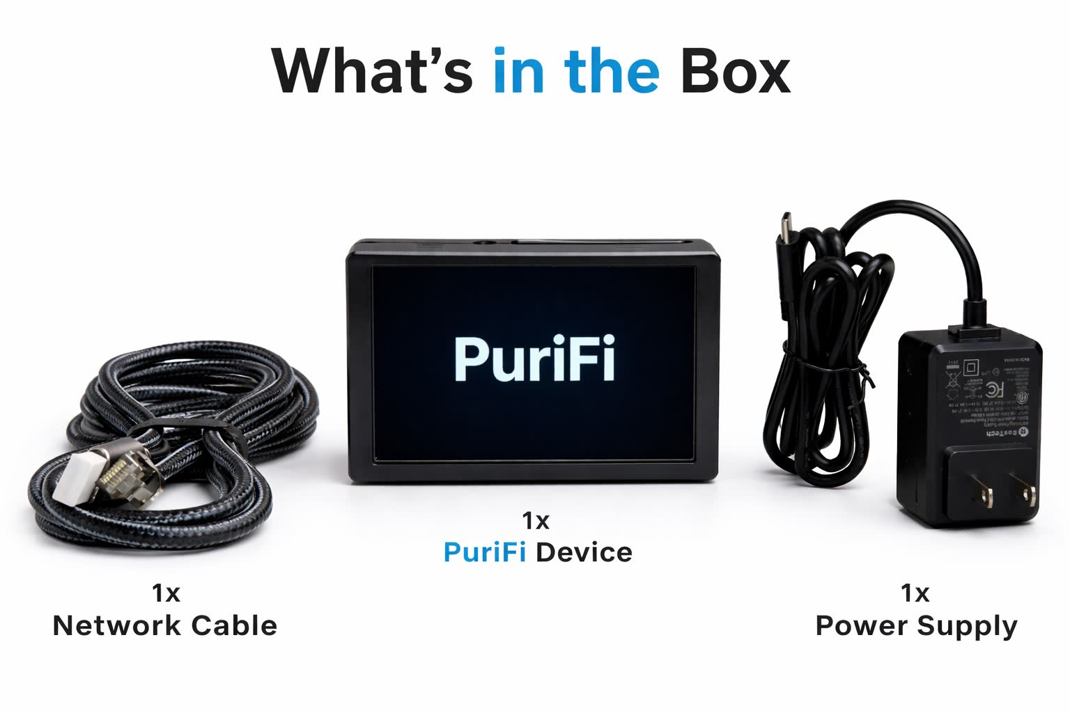 What's in the PuriFi box: device, network cable, power supply